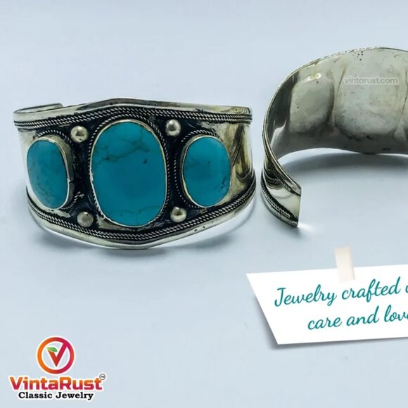 Single Tribal Stones Boho Cuff, Afghan Kuchi Ethnic Bracelet, Handmade Cuff - Picture 2 of 6